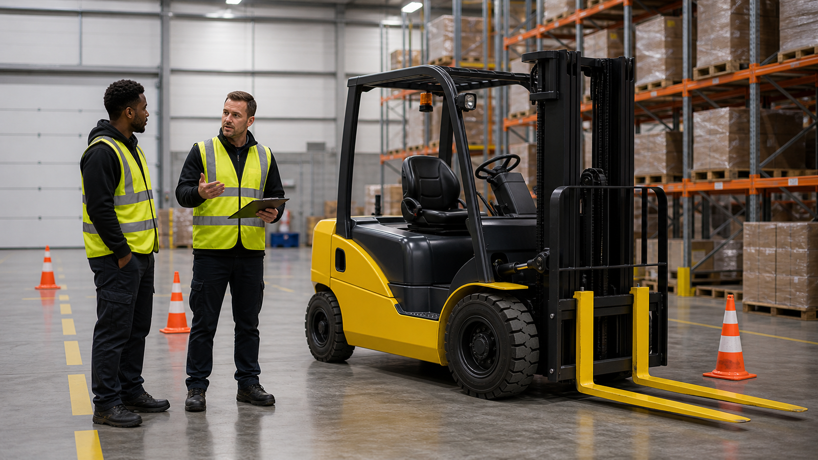 Instructor pointing out warehouse travel routes
