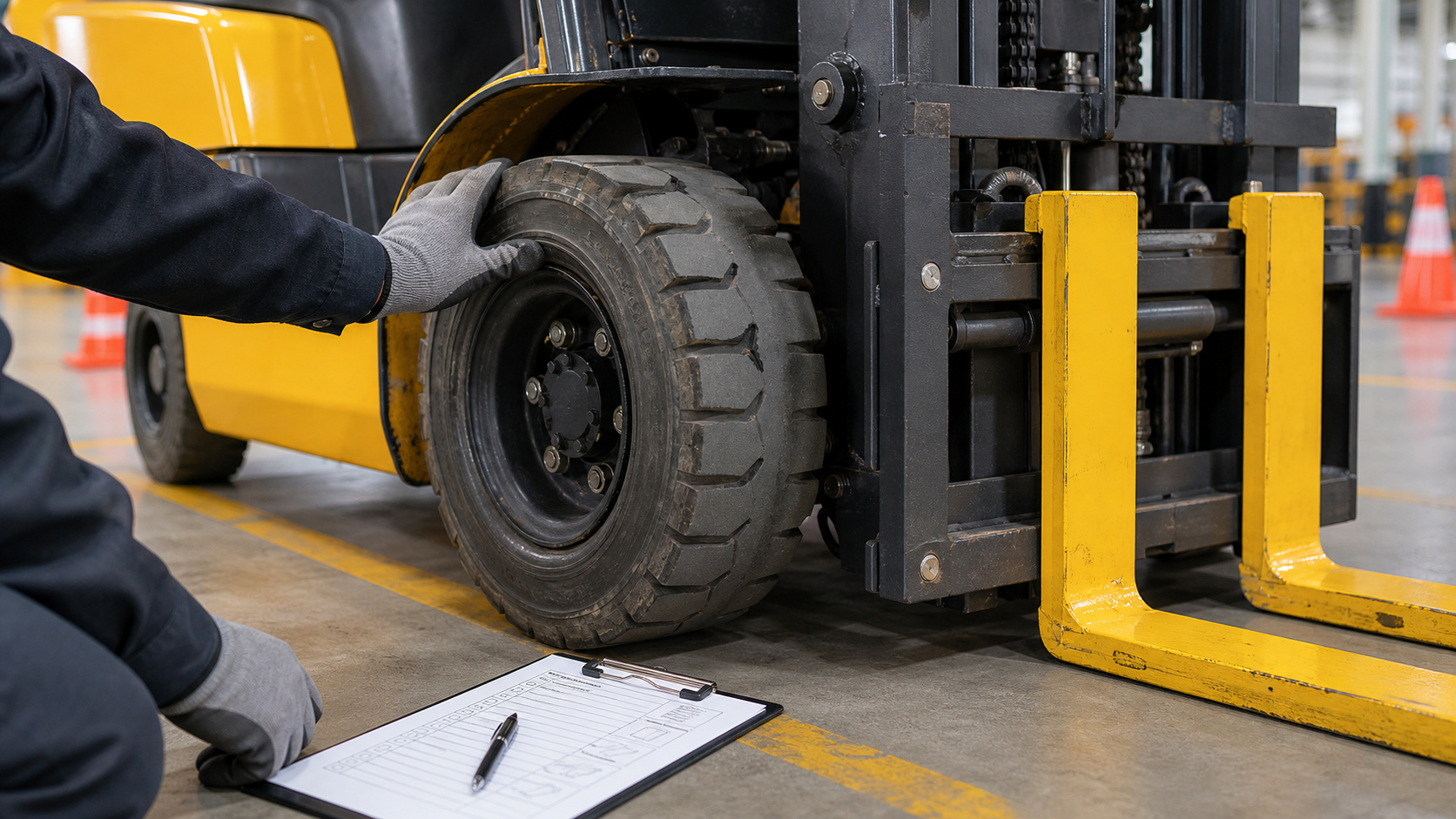 Operator checking a forklift tyre before use
