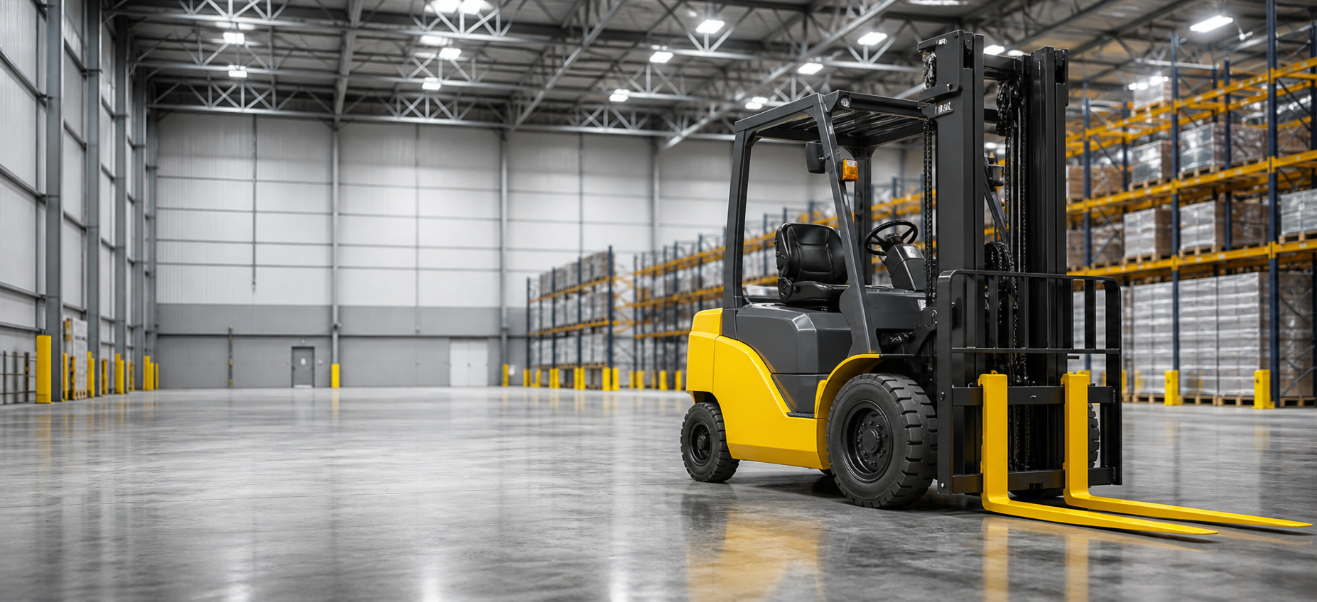 Yellow forklift truck in a clean warehouse