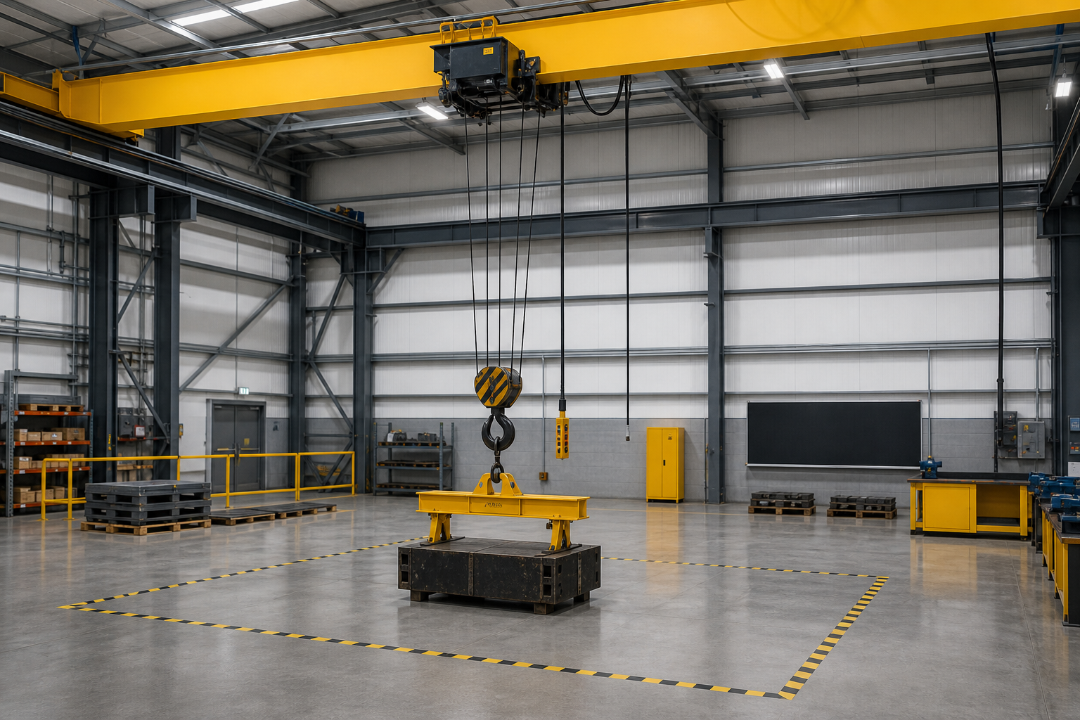 Overhead crane hoist in a workshop