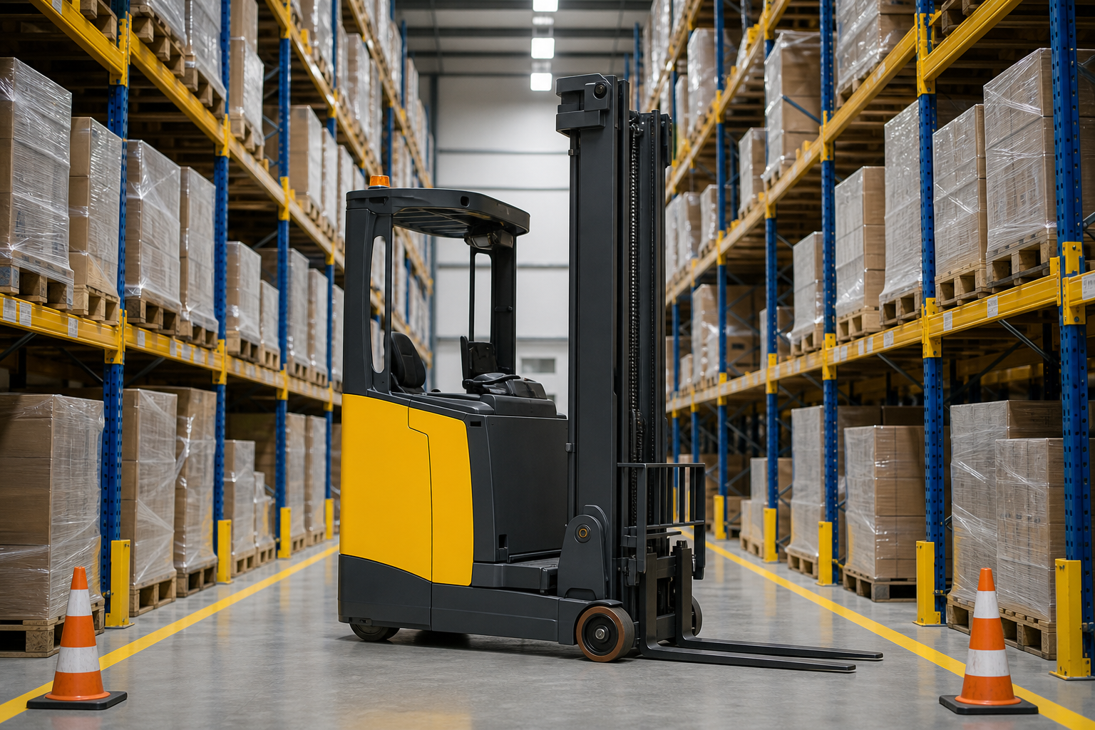 Reach truck beside warehouse racking